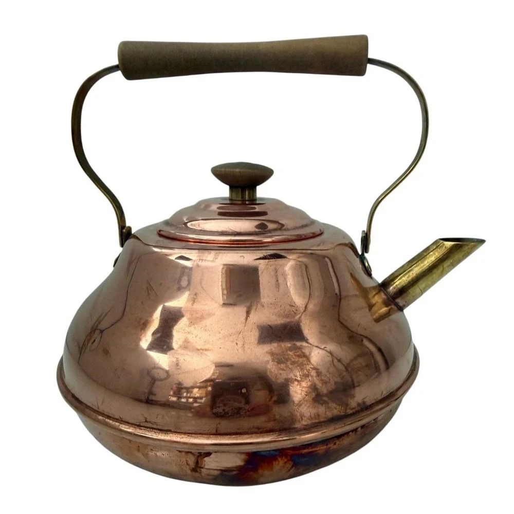 Vintage Hammered Spartan Copper Tea Kettle Stovetop Pot Brass Handle Wood Grip